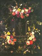 Jan Philip van Thielen Garland of flowers surrounding Christ figure in grisaille oil painting on canvas